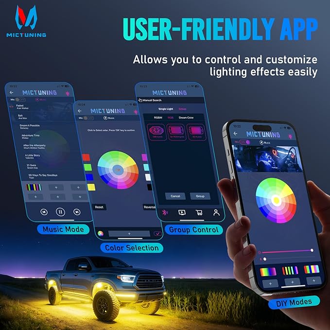 MICTUNING 2nd-Gen CM RGB Rock Lights - 12 Pods Waterproof Multicolor Neon Underglow Kit with Bluetooth App Control & Music Mode for Trucks Pickup UTV SUV ATV （2 Year Warranty）