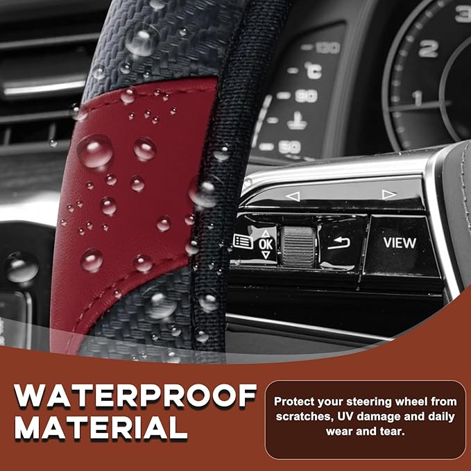 15" Car Steering Wheel Cover, Carbon Fiber Leather Stitching Elastic Steering Wheel Protector, Anti-Slip/Breathable/Durable/Soft, Interior Accessories for Most Cars (Carbon Fiber Black +Wine Red)