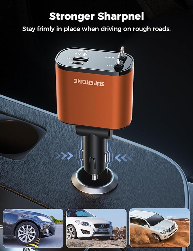 SUPERONE 【Upgraded】 Retractable Car Charger 4 in 1, Fast Car Phone Charger with Cord 2.6ft, USB C and Apple Car Charger Adapter, Compatible with iPhone 17/16/15/15 Pro Max/14/13/12/11, Galaxy, Pixel