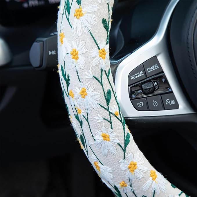 Embroidered Flowers White Cute Daisy Steering Wheel Cover Auto Anti-Slip Breathable Rubber Steering Wheel Protector,Floral Car Accessories for Women,Universal Size Fit Most Cars -15 inch
