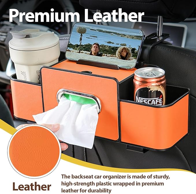 ZenChef Three-in-one Car Organizers and Storage, 2025 New Multi-function Car Tissue Holder, Multi-function Backseat Car Organizer with Cup Holder, Tissue Box, Hook (white)