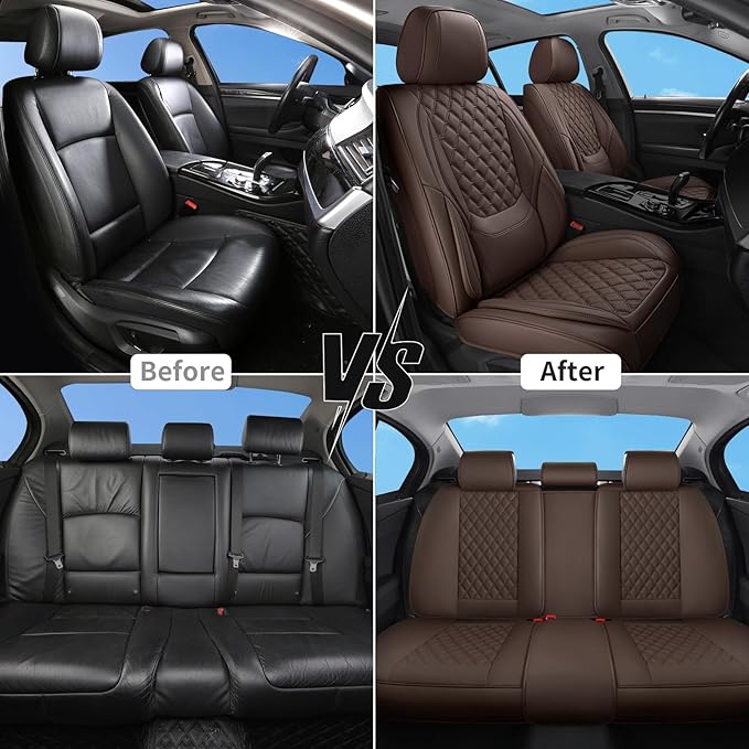 Car Seat Covers Front Seats Brown, Luxury Faux Leather Car Seat Cover Waterproof Non-Slip Protector Universal Fit for Most Cars SUVs Trucks Pick-ups,Car Accessories Interior(Brown-Front Seats)