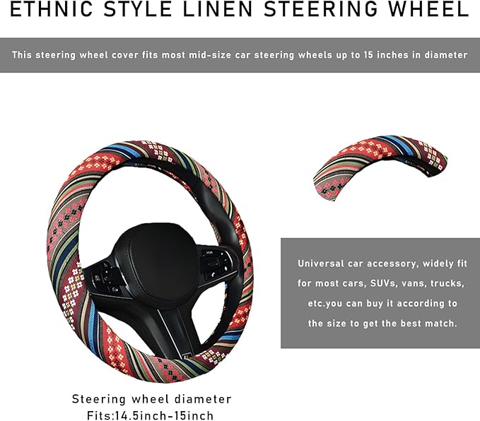 Boho Steering Wheel Cover, 15.0"×15.0" Anti-Slip Baja Blanket Ethnic Steering Wheel Protector, Breathable Flax Cloth Elastic Bohemian Steering Wheel Cover, Car Accessories (Style F)