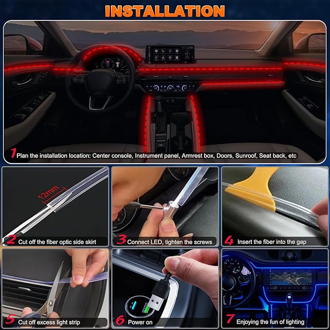 Jushope Car LED Lights, Interior Car Lights with Wireless APP/RF Remote/Button Control, Car Ambient Lighting Kit with 236" Integrated Molding Fiber Optic RGB Sync to Music (USB)