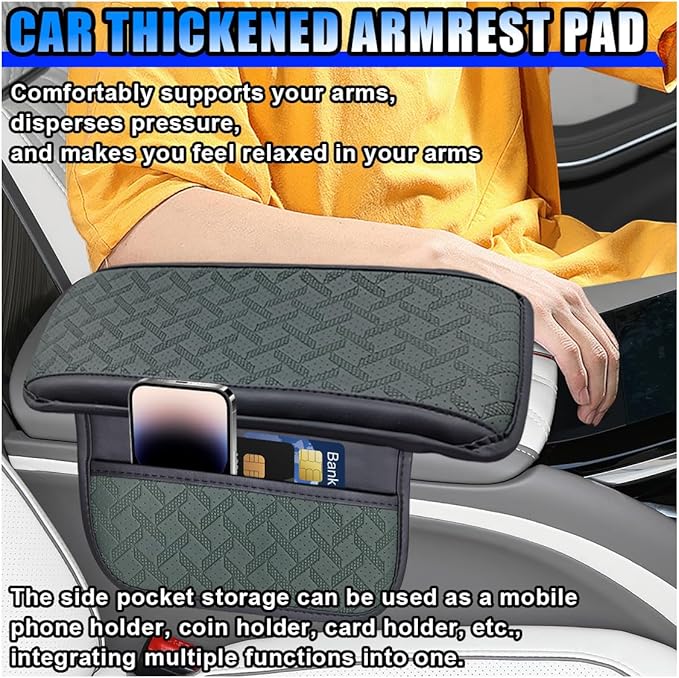 Car Center Console Cover, Leather Car Armrest Storage Box Protector Pad, Middle Console Cover with 2 Side Storage Bags, Vehicle Armrest Cushion for Most Cars, Trucks, SUVs (Black Dark Green)
