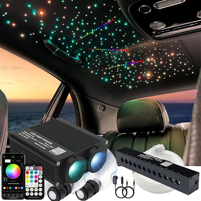 AZIMOM Dual Color 32W Sound Activated Fiber Optic Starlight Kits Mixed860pcs*13.1ft Fiber Strands,RGB Meteor Shooting Star, Remote APP Control Home Car Star Ceiling Headliner Décor
