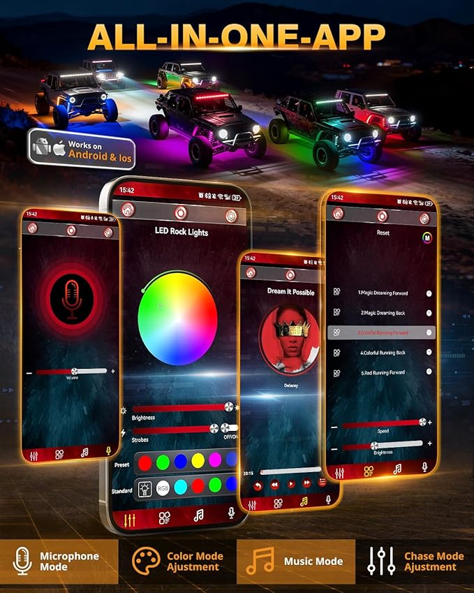 Auxbeam 2 Pods Dynamic Color Changing RGB LED Rock Lights No-Dark-Spot Bluetooth APP&Remote Control Music Voice Sync IP67 Waterproof Wheel Well Lights w/Brake Mode 1 Year Warranty (NO Controller)