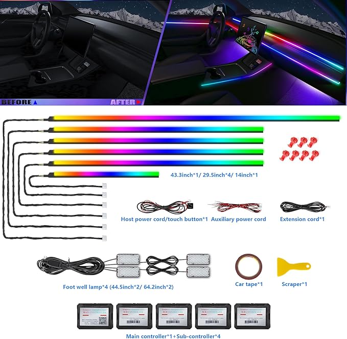 Acrylic Interior Car LED Strip Light with Wireless APP, RGB Dreamcolor 10 in 1 with 175 inches 600 LEDs Fiber Optic Strip Lights for Car, Dynamic Chasing Sound Active Neon Car Ambient Lighting Kits