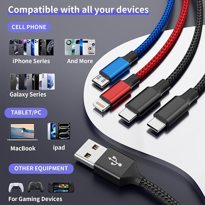 4Packs 5FT Dual Type-C 4 in 1 Multi Charging Cable with 2 USB-C/IP/Micro Port, USB Cable iPhone Charger Cord, Travel Cruise Essentials Car Accessories for iPhone17-8, Galaxy 25 Android iPad, More