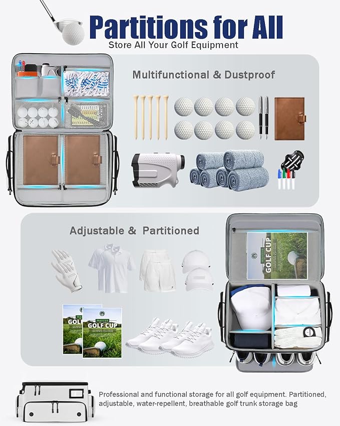 LOINTET Golf Trunk Organizer, Waterproof Car Golf Locker with Separate Ventilated Compartment for 2 Pair Shoes, Golf Storage for Balls, Tees, Cap, Clothes, Gloves, Accessories, Gifts for Men, Women