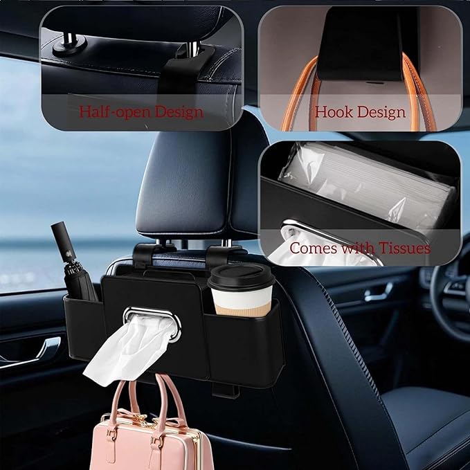 3-in-1 Car Backseat Organizer, 2026 Upgraded Multifunctional Car Seat Back Storage Box, Backseat Car Organizer with 2 Cup Holders, Tissue Box & Hooks, Universal Car Essentials (2Pack B)