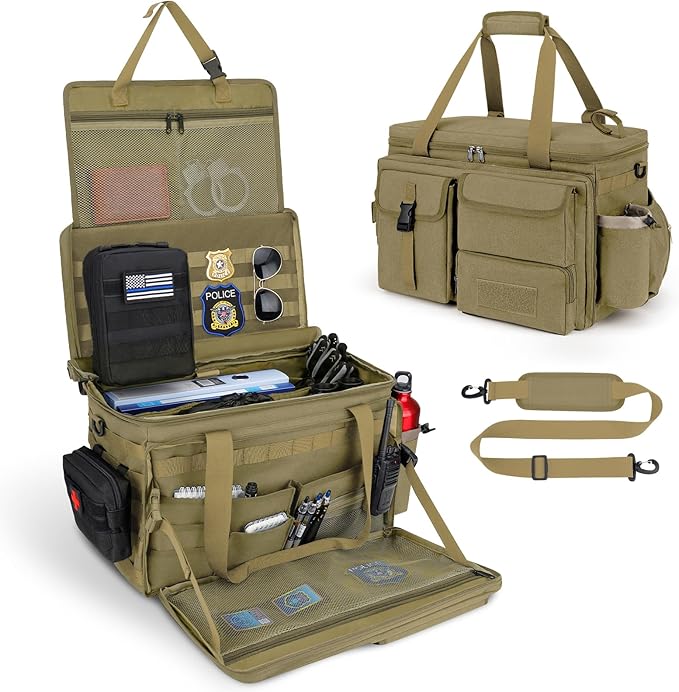 Patrol Bag Law Enforcement Police Gear Bag, Car Front Seat Organizer Tactical Officer Duty Bags, Police Car Accessories for Passenger Seat, Multiple Compartment Removable Shoulder Strap, khaki