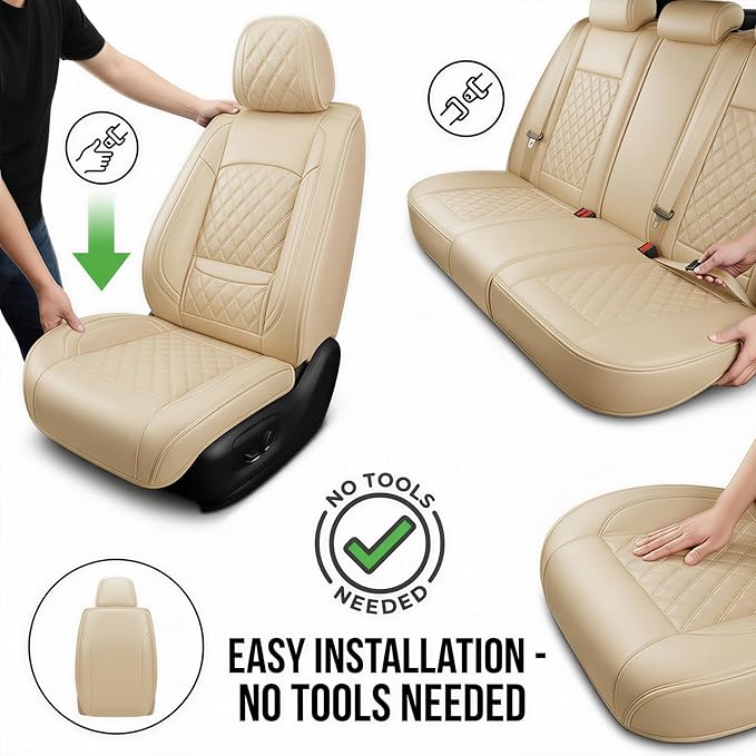 Santa Fe Seat Covers Custom Fit for Hyundai Santa Fe 2007-2026 (Only 5-Seat Version) - Full Set Premium Leather, Waterproof, All-Weather, Airbag Compatible, Only 2 Front seat Covers (Beige)
