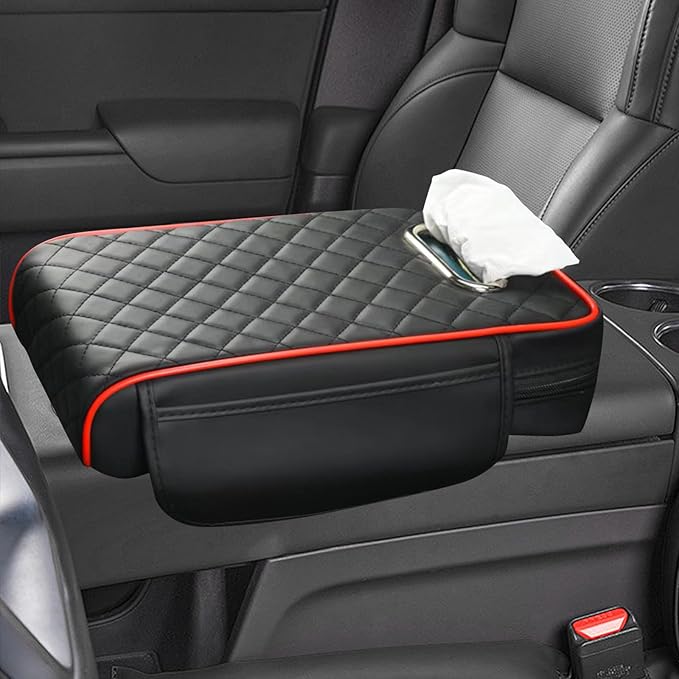 Car Center Console Cover, Leather Car Armrest Box Pad with Pocket and Tissue Box Arm Rest Cushion Universal Car Seat Box Cover Car Interior Accessories for SUV/Truck/Vehicle (Black+Red)