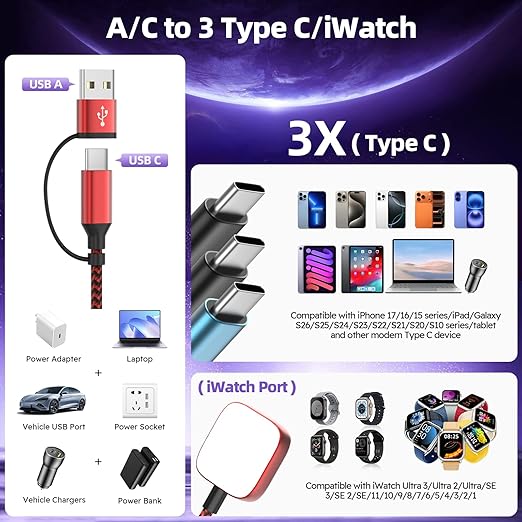 Travel Essentials 4in2 Multi Charging Cable for iPhone Watch Charger,USB A/C to 3 Type C/iWatch Charger,Charging Cables for Multiple Devices Compatible with iWatch 11-1/Ultra/SE&iPhone 17-12 5FT