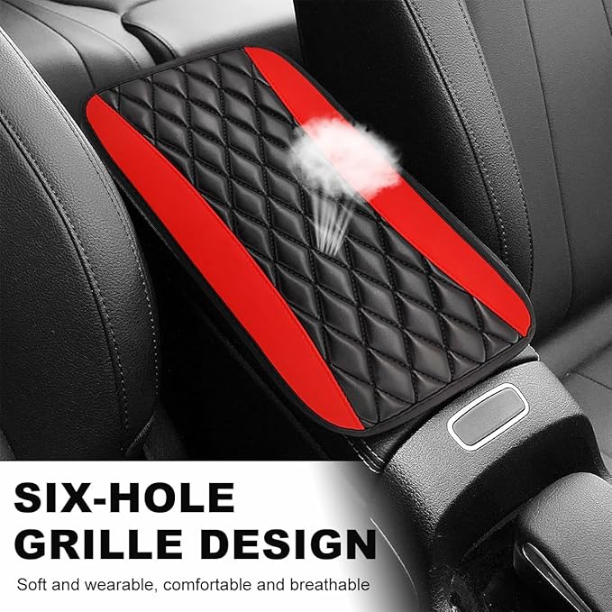 Car Center Console Cushion Pad, 12.6 × 7.48 Inches Waterproof Car Armrest Seat Box Cover, PU Leather Armrest Cover Protector for Most Vehicle, Universal Car Interior Accessories (Black+Red)