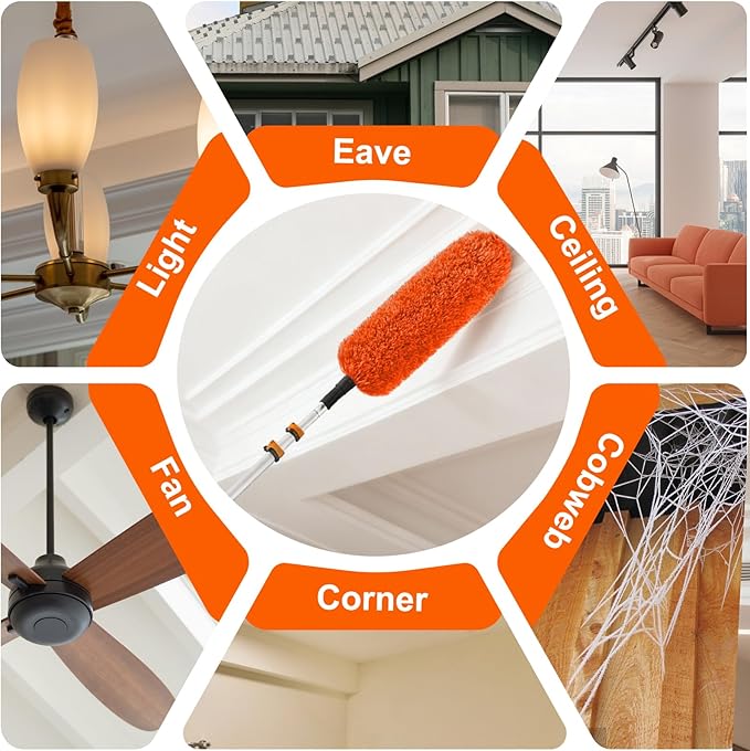 SISUPASSIE 20FT Reach High Ceiling Duster Kit, Window Cleaning kit with 3-12FT Extension Pole, Fan Duster for Ceiling Fan Blades, Microfiber Feather Duster, Rotatable Window Squeegee and Cobweb Duster
