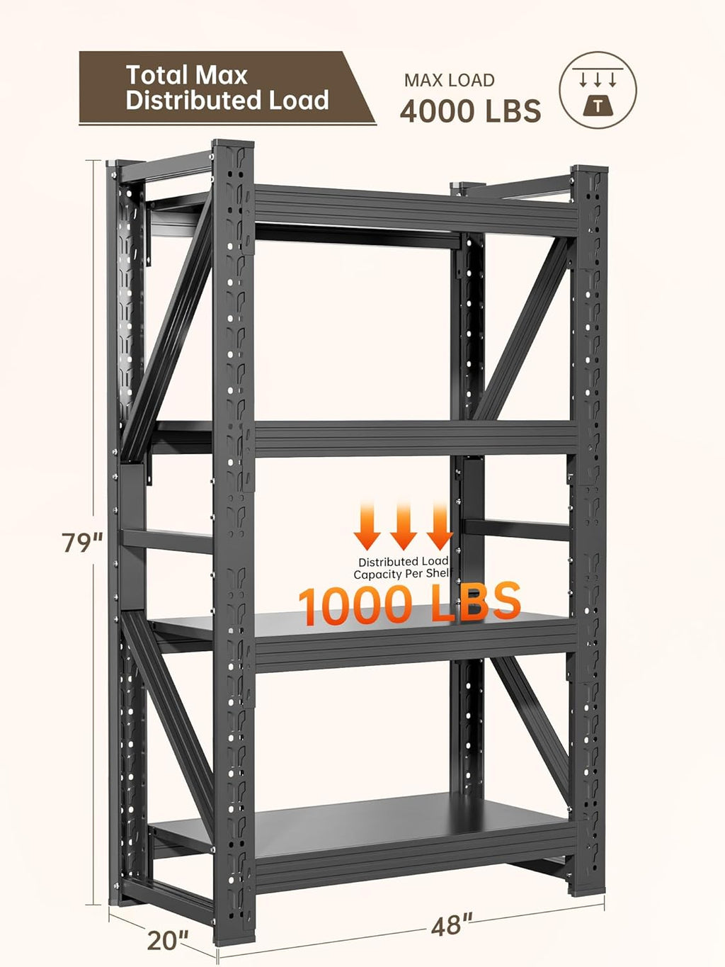4-Tier Storage Shelves,79" H Heavy-Duty Garage Shelving Unit,Adjustable Industrial Metal Shelf System,4,000lbs Capacity,Tool Organizer for Garage,Workshop,48" W*20" D*79" H,Black