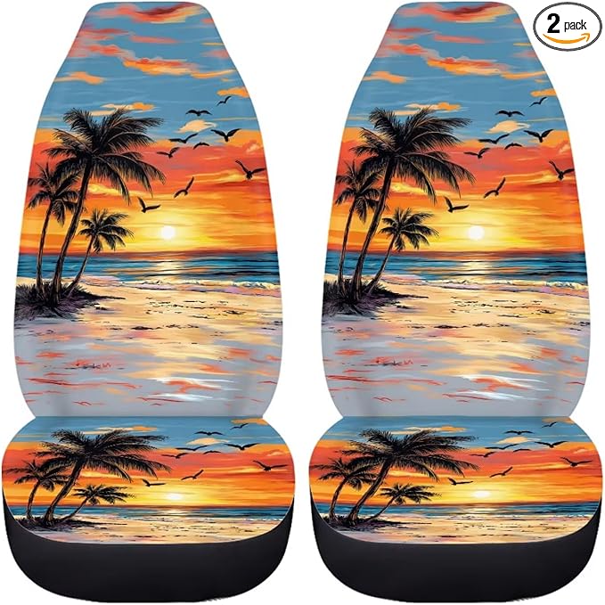 BIGCARJOB Hawaii Dusk Palm Car Seat Covers, Polyester, Universal Fit, Car, SUV, 2 Count, Front, Basic Protection, Customizable, Unique Printed