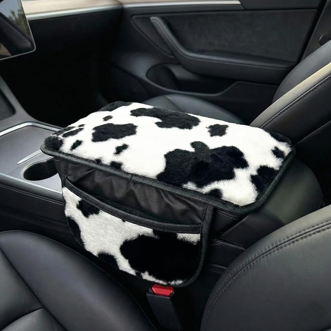 Plush Cow Print Car Center Console Cover with Side Pockets, Fluffy Armrest Cushion Pad,Soft Cow Car Interior Decorations Accessories with Storage for Women,Universal Fit for Vehicles SUV Truck