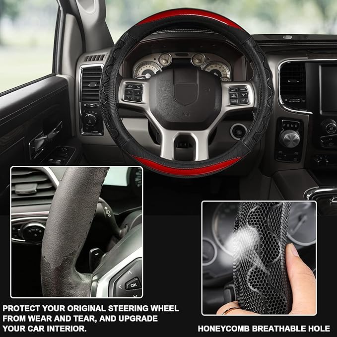 GIANT PANDA Steering Wheel Cover for Dodge Ram 1500 - Car Steering Wheel Covers for Dodge Ram 2500 3500 15.5-16 inch - Red