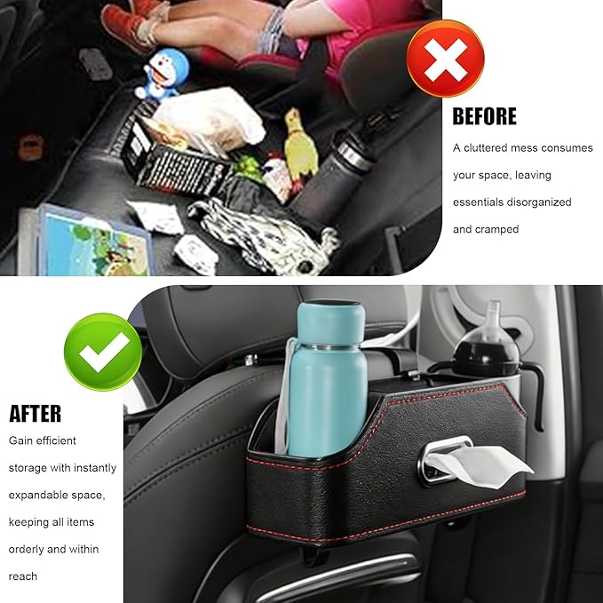 Sporacingrts Car Seat Back Organizer with Cup Holders, Tissue Box, Hooks, Phone Slot, Black PU Leather Storage Box for Backseat, 1 Pack, Fits Most Cars SUVs Trucks