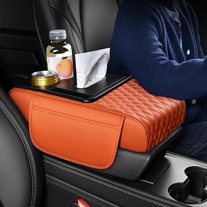 Car Center Console Armrest Pad, Arm Rest Box Cushion with Ergonomic Height Boost, Storage Pockets, Built-in Tissue Box, Cupholder, Fit for Most Sedan Vehicles (Embroidery Water Ripple, Pink)