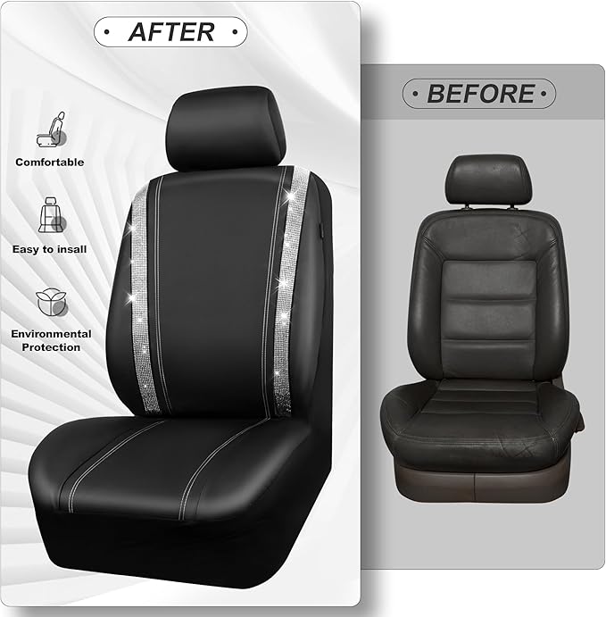 CAR PASS Bling Diamond Car Seat Covers Full Set, Shining Rhinestone Waterproof Faux Leather, Rear with Zipper, Universal Fit Automotive Glitter Crystal Sparkle Strips for Cute Women Girl, Silver