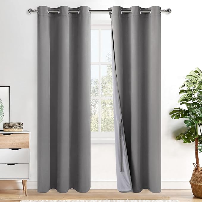 XWZO 100% Blackout Curtains 84 Inches Long with Tiebacks- Privacy Protection & Noise Blocking Window Draperies Grommet Top with Black Liner for Bedroom/Living Room, Grey, W42 x L84, Set of 2