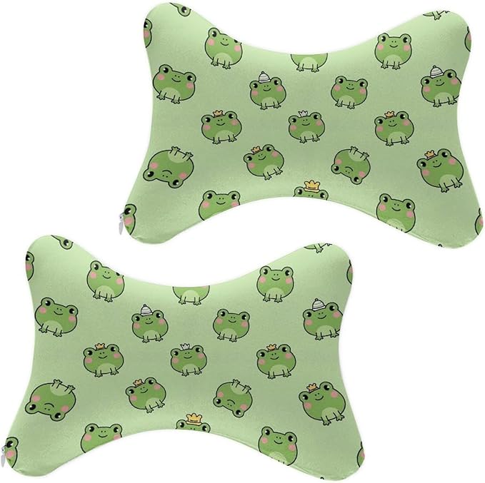 Car Pillow for Neck Pain Relief Support, Compatible with Cute Frog Memory Foam Car Neck Pillow for Car Seat with Adjustable Strap, 2 Pcs Car Headrest Pillow for Ergonomic Design