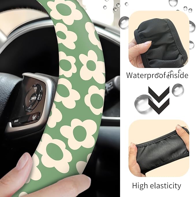 Car Steering Wheel Cover, Universal 15 Inch Neoprene Non-Slip Steering Wheel Covers, Funny Car Accessories for Women Men Fit Auto, Suvs, Truck Vintage Green Flowers