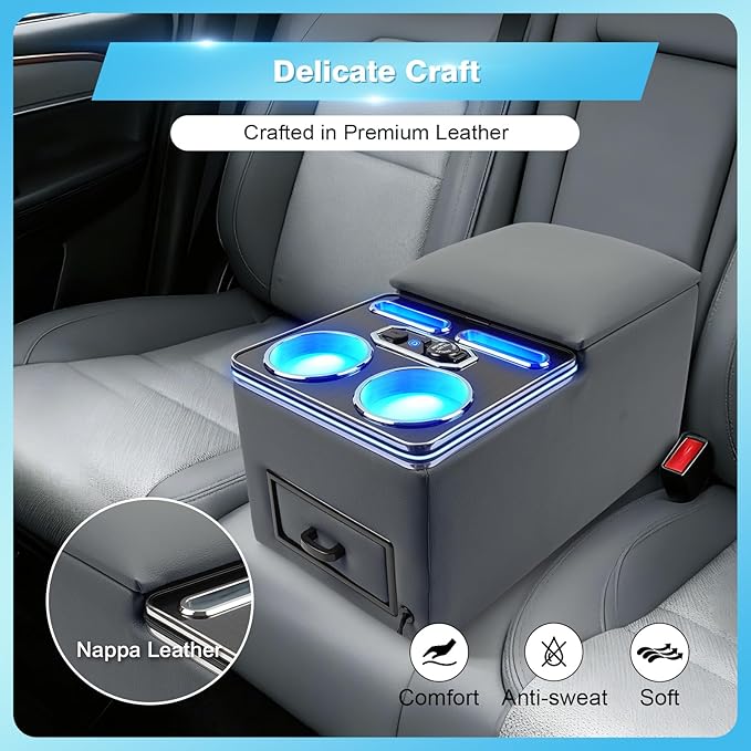 Center Console, Universal Bench Seat Center Console with Fast Phone Charging， Back Seat Car Organizer, Automotive Center Console with Cup Holder & Phone Holder (Gray)
