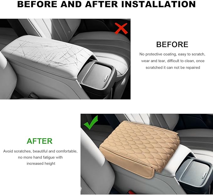 Car Armrest Cushion, Memory Foam Auto Arm Rest Box Protector with 2 Storage Bags, Waterproof Leather Center Console Cover Universal for Most Vehicles, Car Accessories (Beige)