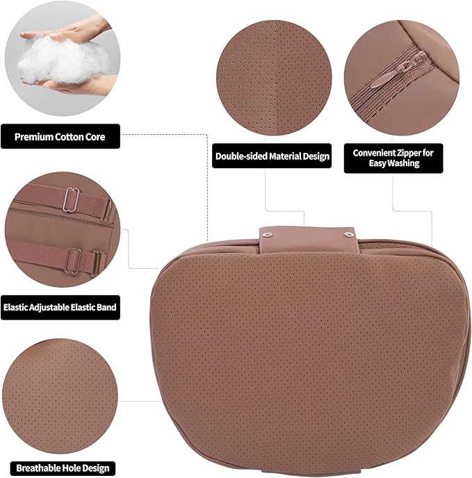 Car Headrest Pillow for Driving, Dual-Sided Leather Design Neck Pillow, Breathable Softness Neck Support, Universal Fit Head Rest Travel Pillow, Brown, 1 Pack
