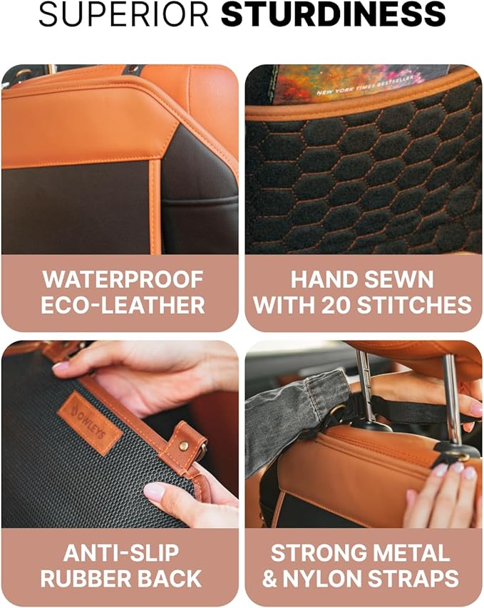 Owleys Back of Seat Organizer for Kids | Car Storage Caddy – 8 Pockets + Transparent Tablet Holder | Waterproof Eco-Leather | 27.5' x 18.5' | Brown+Black