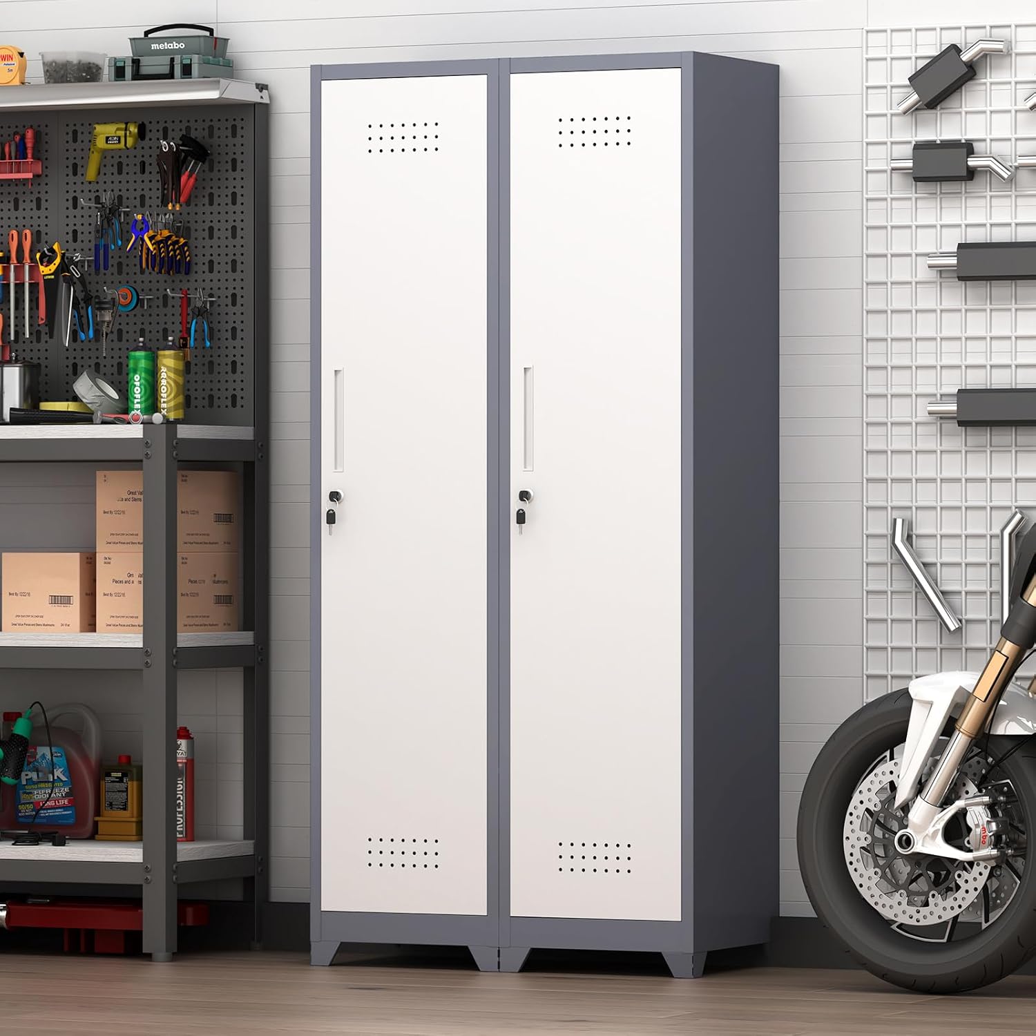 GREATMEET Slim Lockable Garage Storage Cabinet, Narrow Broom Storage Closet, 65" Metal Cleaning Tool Cabinet with Lock and Door,Utility Cabinets for Brooms and Mops for Laundry Room, White&Grey