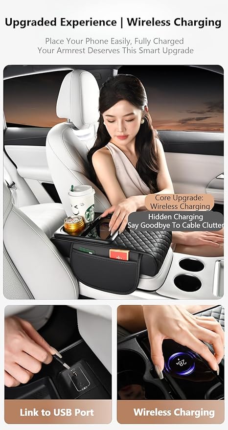 Car Armrest Pad with Built-in Induction Charging, Leather Center Console Cushion with 15W Power Pad, Dual Cup Holders, Storage Pockets - Red