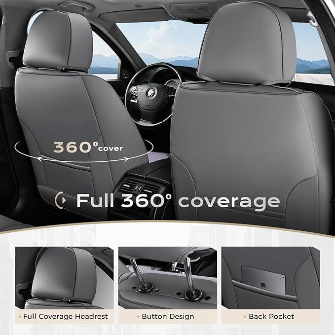 Coverado Car Seat Covers Full Set, Nappa Leather Seat Covers for Cars, Car Seat Protector Car Seat Cushion, Front and Back Seat Protectors Cushions Universal Fit for Most Cars Vehicles(Gray&Purple)