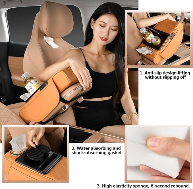 Car Armrest Cushion,5-in-1 Center Console Cover with 2 Storage Bags Cup Holder, Tissue Box Slot, Phone Slot for Sedans, Car Accessories Interior Organizers (coffee)