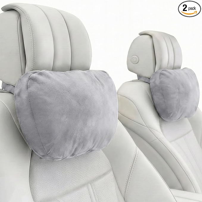2PCS Car Pillow for Car Neck Pillow for Driving Seat Neck Support Soft Cushion Back Support Head-Rests for Vehicle Sleeping with Elastic Adjustment Strap (Grey, Head)