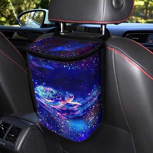 Galaxy Turtle Car Trash Can with Lid, Cute Leakproof Car Trash Garbage Bag Hanging Vehicle Trash Bin Small Portable Automotive Garbage Cans Organizer for Back/Front Seat/Console