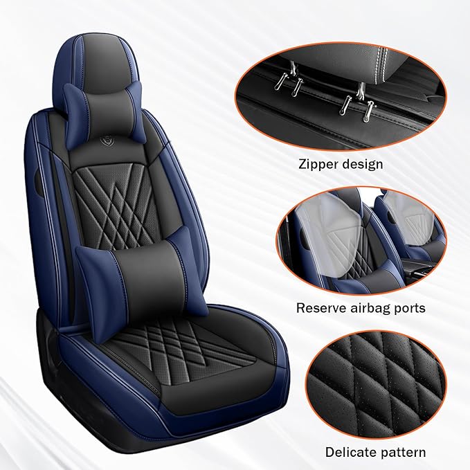 Car Seat Covers Compatible with Toyota Camry 2012-2026 Durable Waterproof Automotive Seat Covers Stretchable, Airbag Compatibility, Premium Nappa Leather(Black Blue, 2 Pcs Front with Pillow)