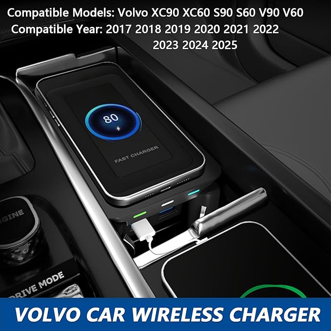 Wireless Car Charger for Volvo XC90 S90 V90 XC60 V60 S60 2023 2022 2021 2020 2019 2018 2017 Accessories, 15W Wireless Fast Charging Phone Charger Pad