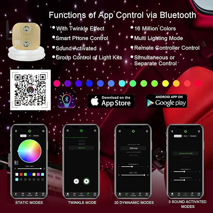 AKEPO 20W Dual-Head Fiber Optic Lights RGBW Twinkle+APP+Sound Activated Fiber Optic Star Ceiling Light Kit Total 1100pcs of 13.1ft/4m 0.75mm Fiber Optic Strands for Car Headliner Star/Room