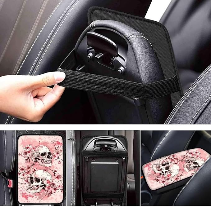 JoyLamoria Pink Floral Skeleton Car Center Console Armrest Cover Non Slip Auto Arm Rest Cushion Pads Womens Armrest Protector Washable