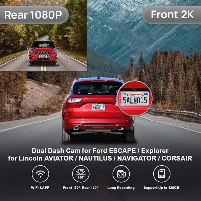 Fitcamx 2K Front and 1080P Rear Dash Cam Suitable for Ford Escape Explorer and Lincoln Aviator Nautilus Navigator Corsair, Integrated OEM Look, Dual HD Video WiFi, G-Sensor, Loop Recording, 64GB Card