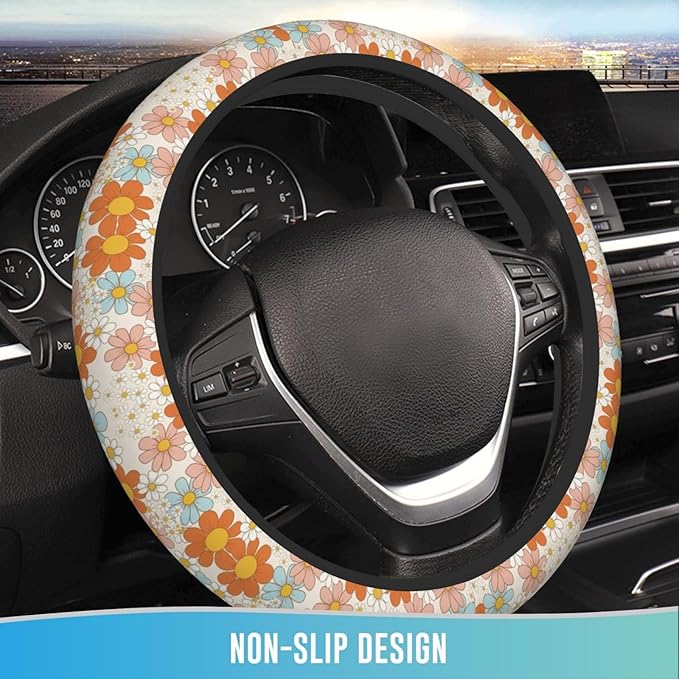 Elastic Steering Wheel Cover Car Accessories Cute Universal 15 Inch Absorbing Sweat Non-Slip Breathable for Woman - Colorful Daisy
