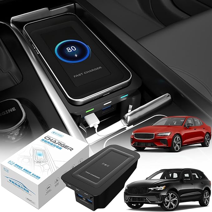 Wireless Car Charger for Volvo XC90 S90 V90 XC60 V60 S60 2023 2022 2021 2020 2019 2018 2017 Accessories, 15W Wireless Fast Charging Phone Charger Pad