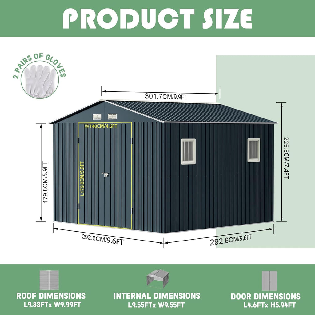 Breezz Outdoor Storage Shed 10 x 10 ft. Utility Tool Shed Metal Storage Garden Shed with Lockable Doors, Windows & Metal Frame Floor for Patio Storage,Nightblue