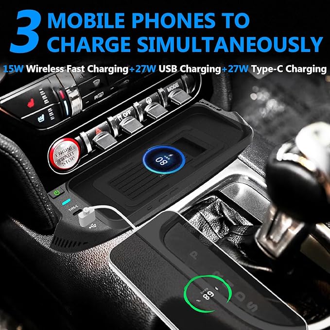 Wireless Car Charger for Ford Mustang 2015 2016 2017 2018 2019 2020 2021 2022 2023 with 27W USB & Type-C Center Console Accessory Panel, Fast Charger for i-Phone Sam-Sung